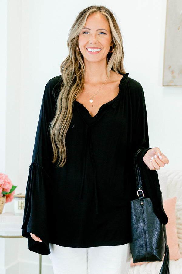 Chic Soul plus size clothing, black long sleeve top with v neckline with tie detail and blare bell sleeves
