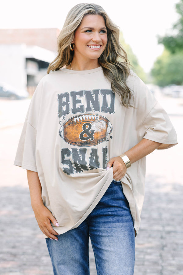 Plus size clothing, light mocha oversized boyfriend tee with football graphic