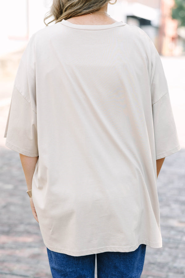 Plus size clothing, light mocha oversized boyfriend tee with football graphic