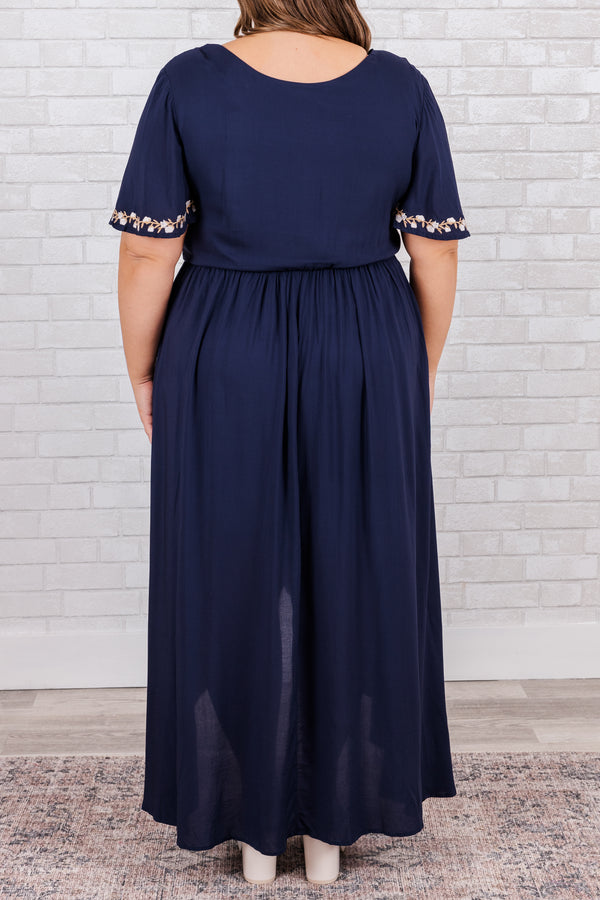 Chic Soul plus size clothing, navy blue dress with wrap tie waist and white floral embroidery