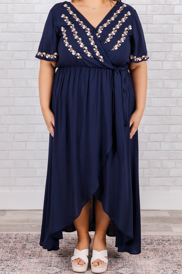 Chic Soul plus size clothing, navy blue dress with wrap tie waist and white floral embroidery