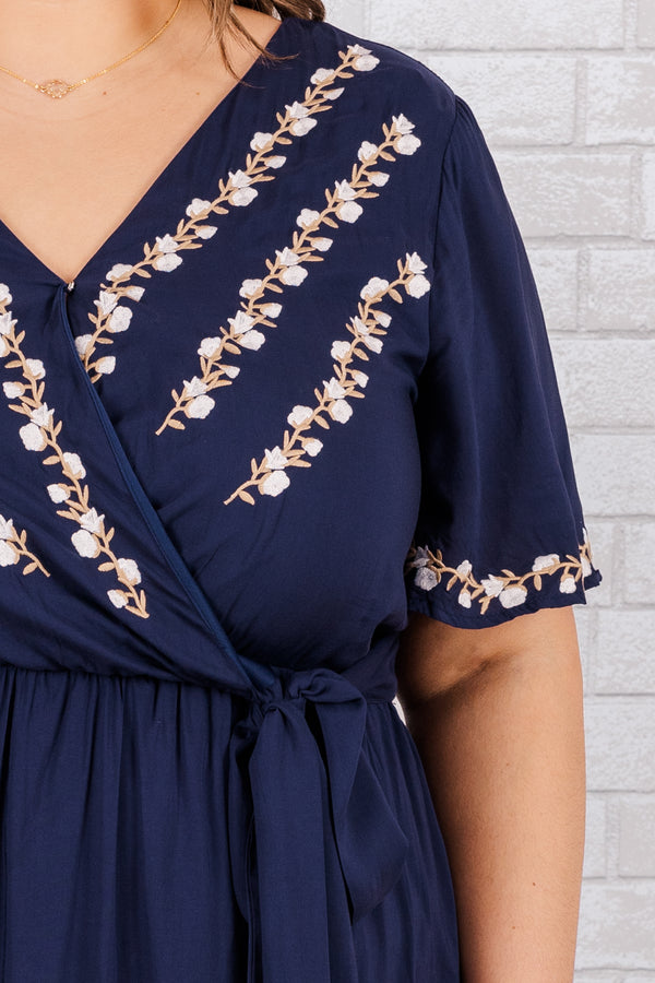 Chic Soul plus size clothing, navy blue dress with wrap tie waist and white floral embroidery