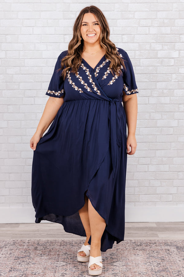 Chic Soul plus size clothing, navy blue dress with wrap tie waist and white floral embroidery