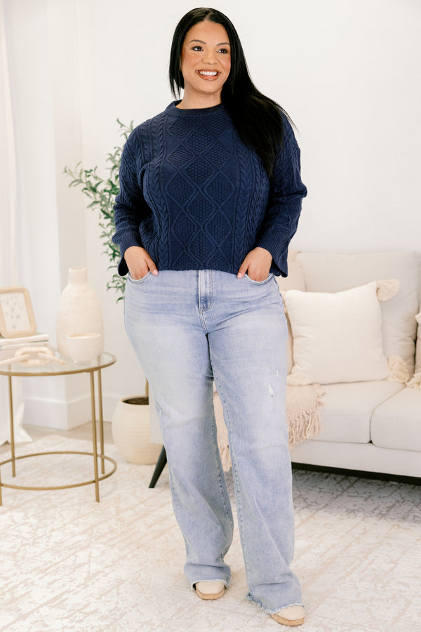 Chic Soul plus size clothing, light wash denim straight leg jeans with slight distressing above the left knee