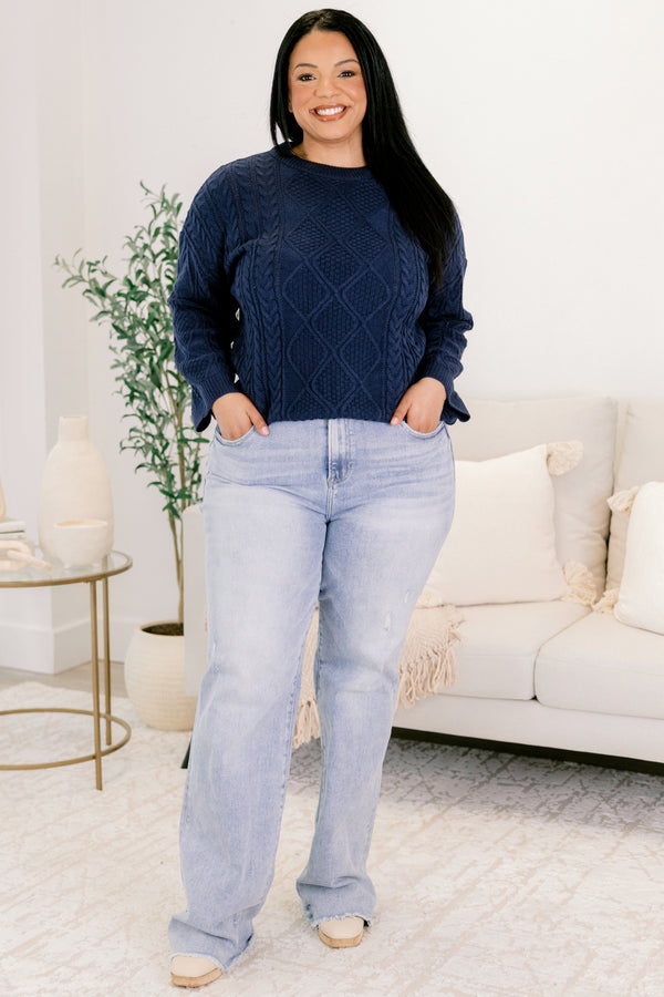 Chic Soul plus size clothing, light wash denim straight leg jeans with slight distressing above the left knee