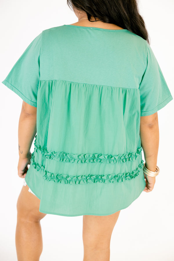 Chic Soul plus size clothing, Teal baby doll top with short sleeves and two ruffle stripes on the bottom of the shirt 