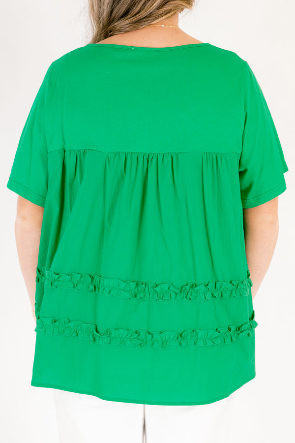 Chic Soul plus size clothing, green short sleeve baby doll top with 2 ruffle strip detailing 