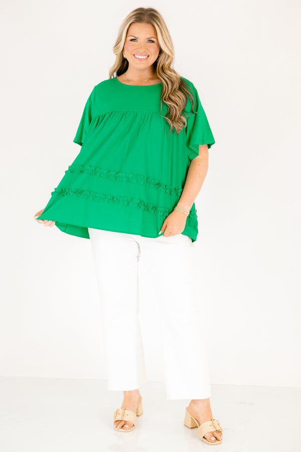 Chic Soul plus size clothing, green short sleeve baby doll top with 2 ruffle strip detailing 