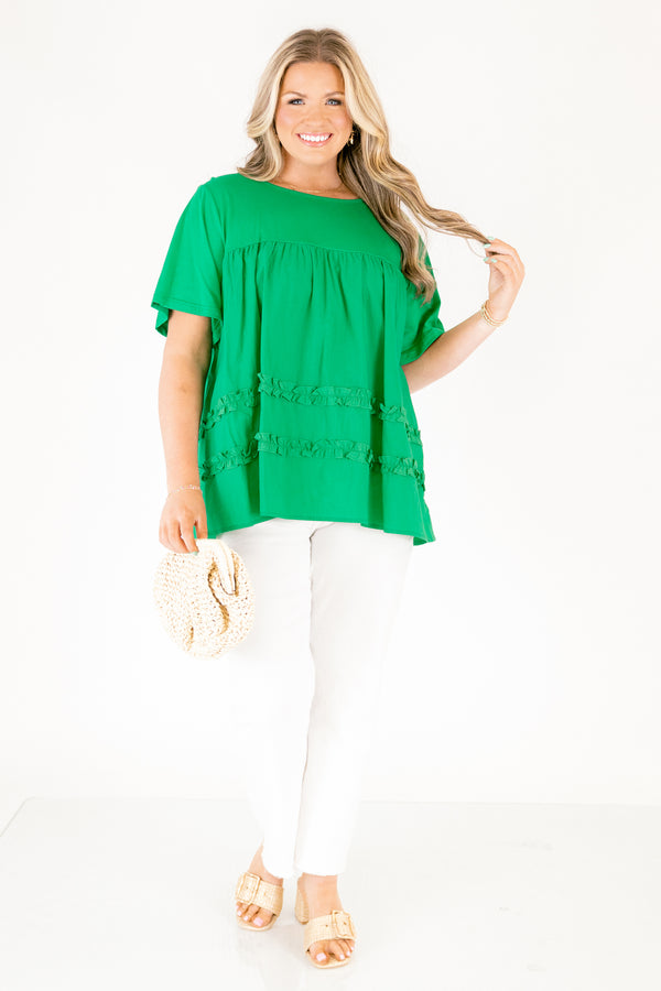 Chic Soul plus size clothing, green short sleeve baby doll top with 2 ruffle strip detailing 