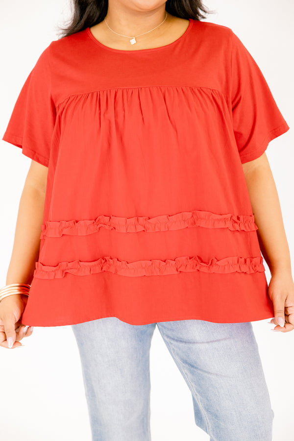 Chic Soul plus size clothing, red short sleeve top with two ruffle stripes going across the top 