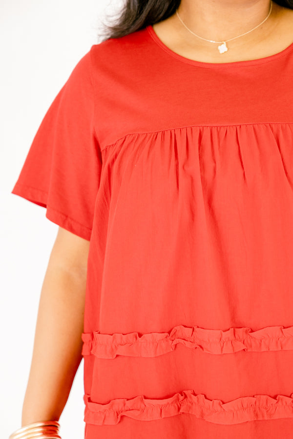 Chic Soul plus size clothing, red short sleeve top with two ruffle stripes going across the top 