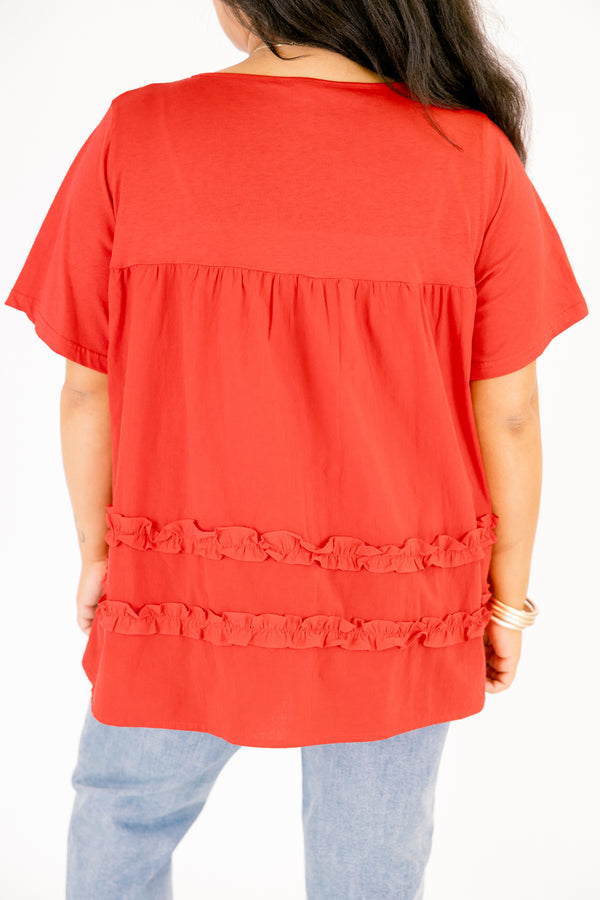 Chic Soul plus size clothing, red short sleeve top with two ruffle stripes going across the top 