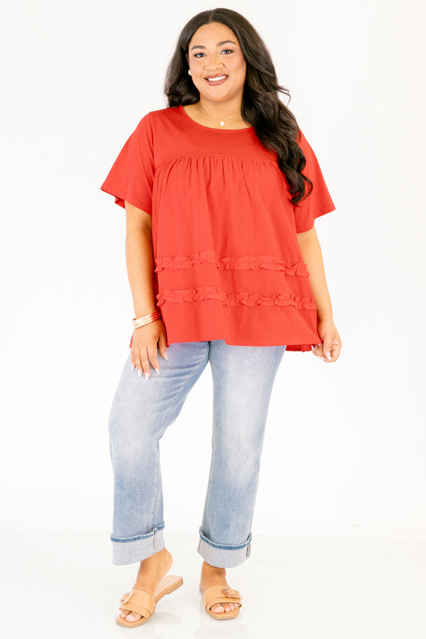 Chic Soul plus size clothing, red short sleeve top with two ruffle stripes going across the top 