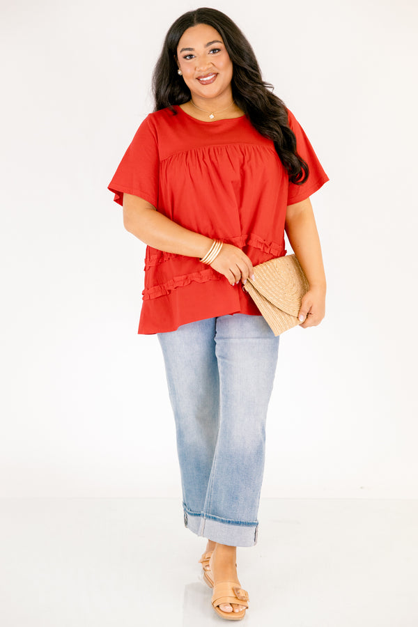 Chic Soul plus size clothing, red short sleeve top with two ruffle stripes going across the top 