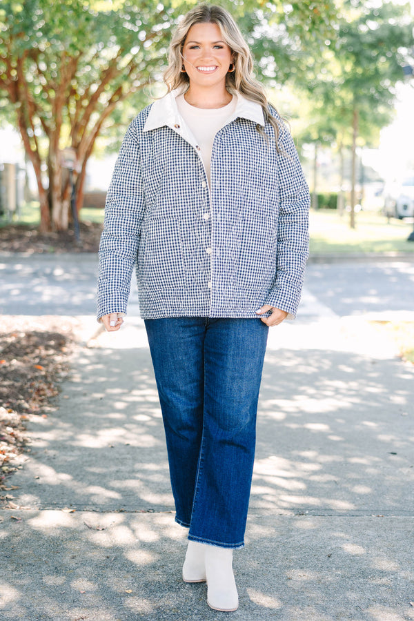 Plus size navy gingham reversible quilted coat with a taupe lining and button front.