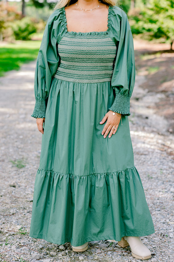 Chic Soul plus size clothing, green long sleeve flowy tiered maxi dress with ruched texture top with cream stitching details and square neckline 