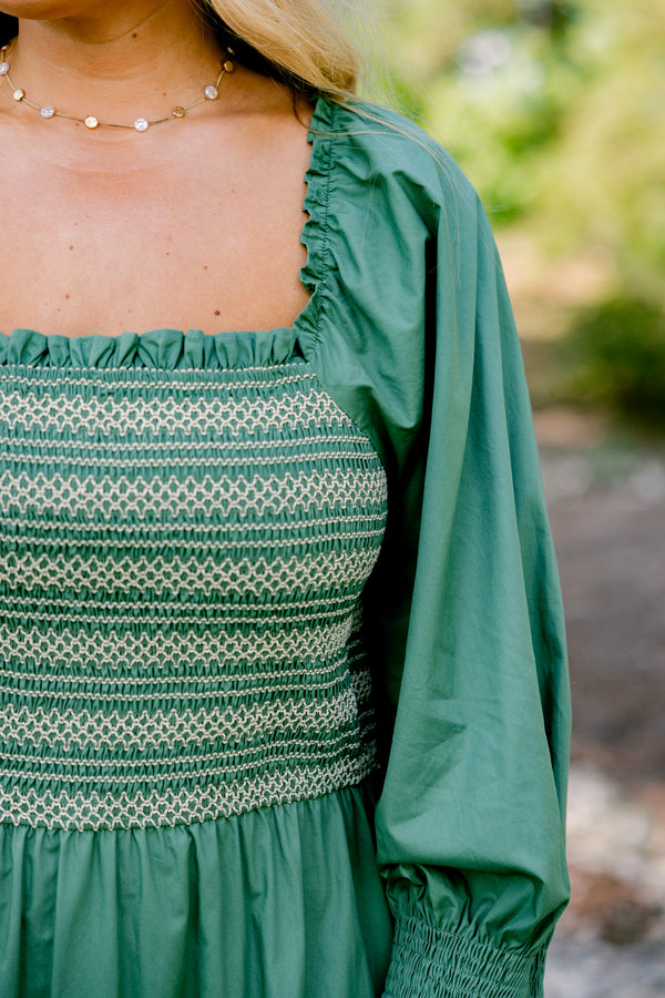 Chic Soul plus size clothing, green long sleeve flowy tiered maxi dress with ruched texture top with cream stitching details and square neckline 