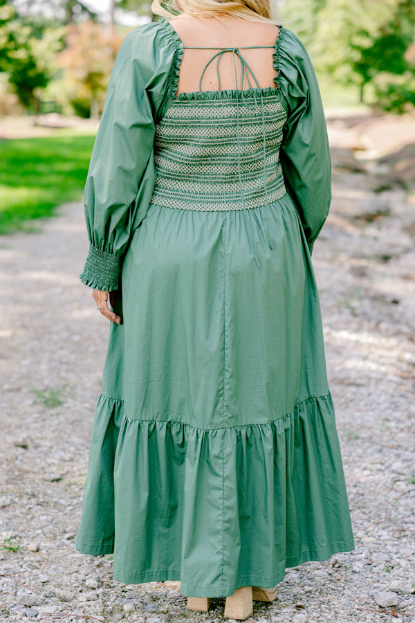 Chic Soul plus size clothing, green long sleeve flowy tiered maxi dress with ruched texture top with cream stitching details and square neckline 