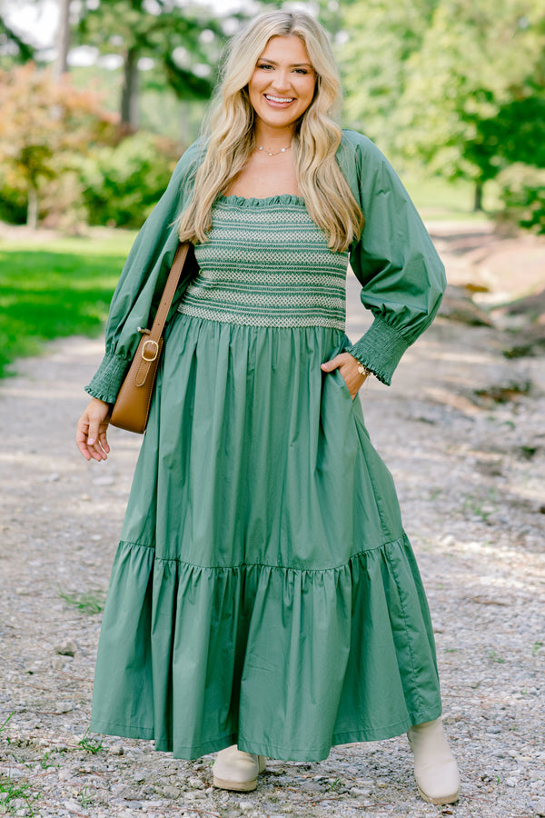Chic Soul plus size clothing, green long sleeve flowy tiered maxi dress with ruched texture top with cream stitching details and square neckline 