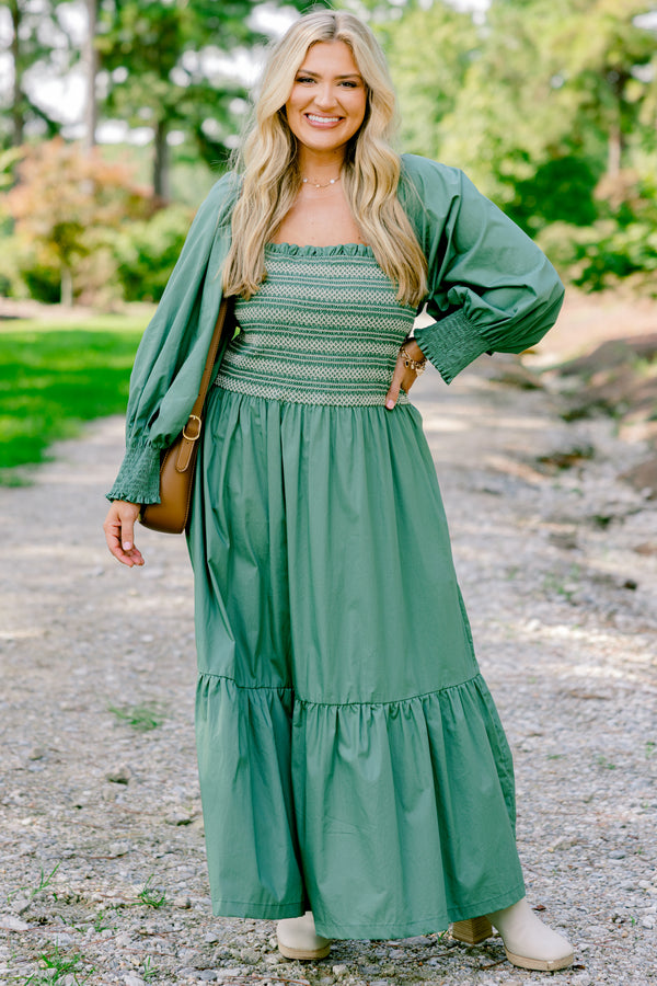 Chic Soul plus size clothing, green long sleeve flowy tiered maxi dress with ruched texture top with cream stitching details and square neckline 