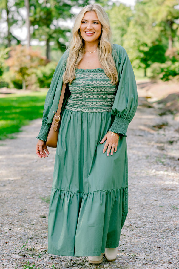 Chic Soul plus size clothing, green long sleeve flowy tiered maxi dress with ruched texture top with cream stitching details and square neckline 