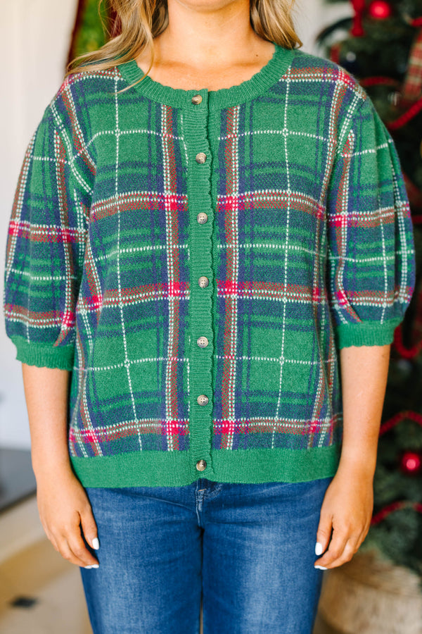 Plus Size green plaid short-sleeve cardigan with a button-down front and ribbed trim.