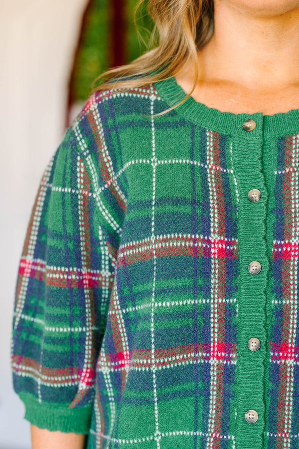Plus Size green plaid short-sleeve cardigan with a button-down front and ribbed trim.