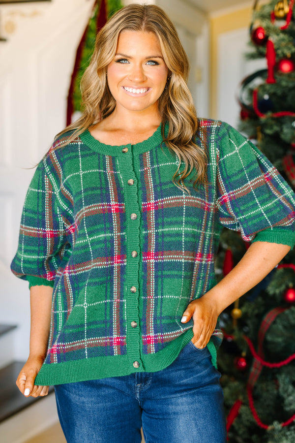 Plus Size green plaid short-sleeve cardigan with a button-down front and ribbed trim.