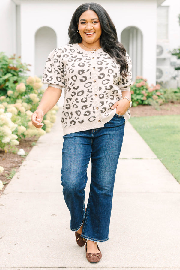 Plus size cream short-sleeve leopard print cardigan with puffy sleeves and front buttons.