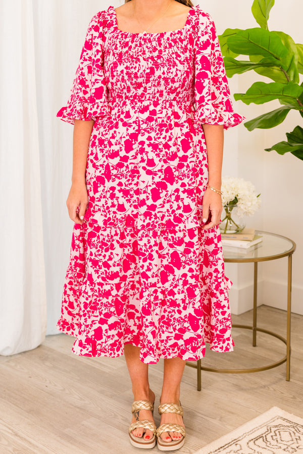Chic Soul plus size clothing, pink ruffled maxi dress with floral pattern and puffed sleeves with smocked bodice