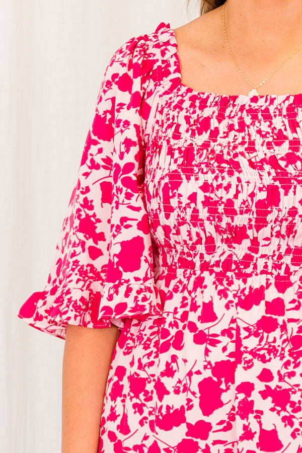 Chic Soul plus size clothing, pink ruffled maxi dress with floral pattern and puffed sleeves with smocked bodice
