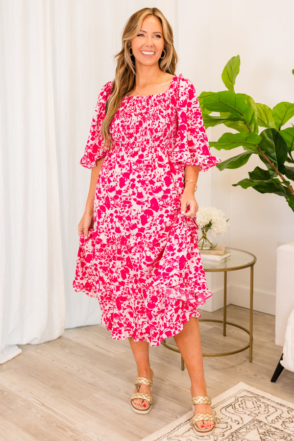 Chic Soul plus size clothing, pink ruffled maxi dress with floral pattern and puffed sleeves with smocked bodice