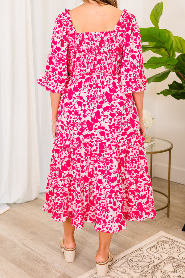 Chic Soul plus size clothing, pink ruffled maxi dress with floral pattern and puffed sleeves with smocked bodice