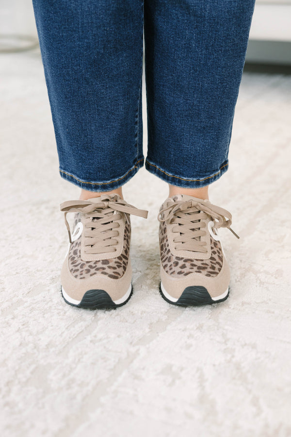 Plus Size leopard print sneakers with tan suede panels, white abstract side detail, and laces.