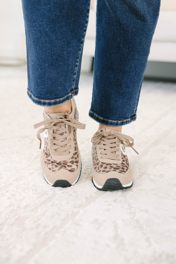 Plus Size leopard print sneakers with tan suede panels, white abstract side detail, and laces.