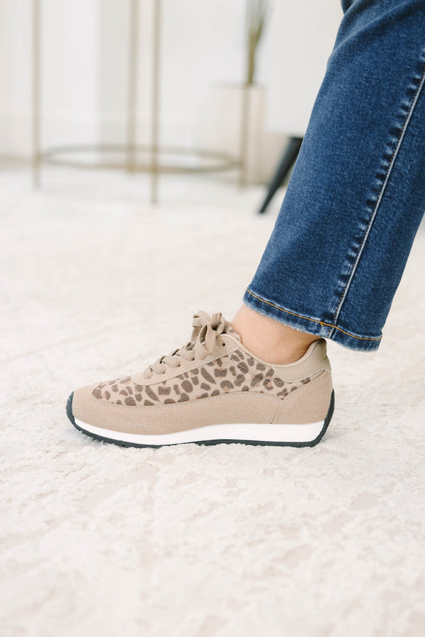 Plus Size leopard print sneakers with tan suede panels, white abstract side detail, and laces.