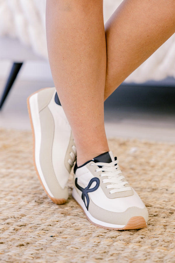 Chic Soul plus size clothing, white and tan leather lace up sneakers with black design on one side