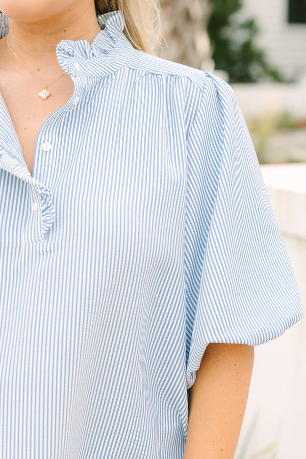 Chic Soul plus size clothing, light blue pin stripe short puff sleeve top with button down ruffle collar