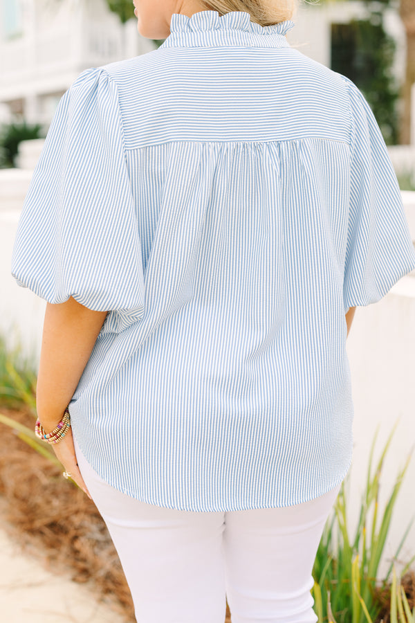 Chic Soul plus size clothing, light blue pin stripe short puff sleeve top with button down ruffle collar