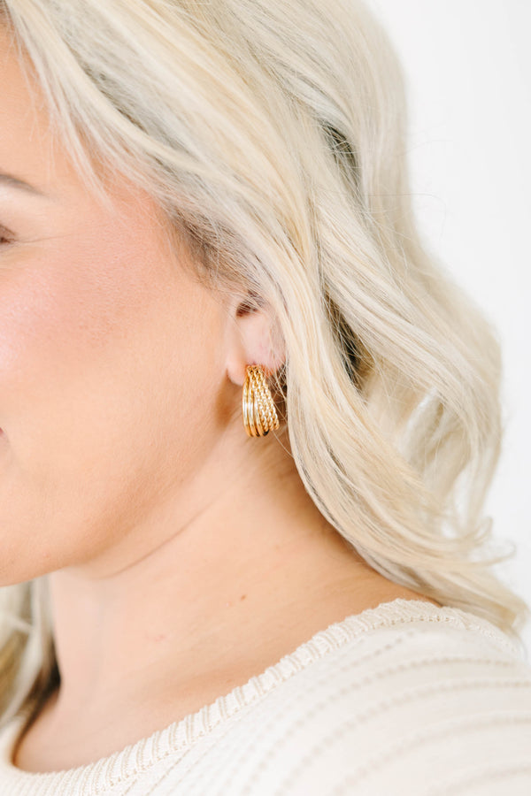 Plus Size gold multi-strand hoop earrings with a textured, braided design.