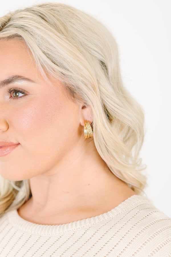 Plus Size gold multi-strand hoop earrings with a textured, braided design.