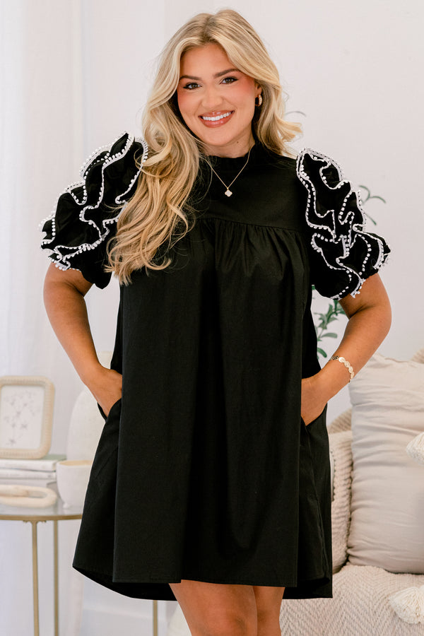 Chic Soul plus size clothing, black and white frill short sleeve short black dress 