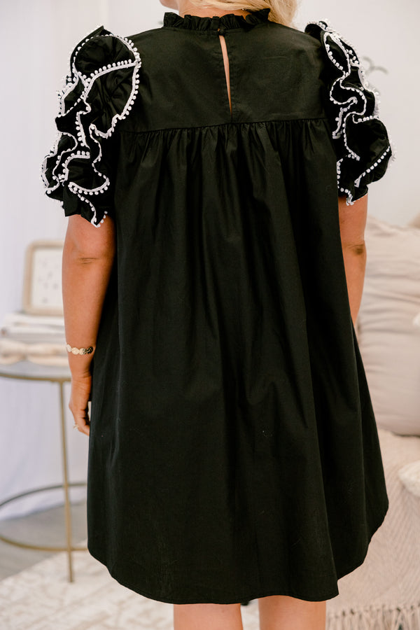 Chic Soul plus size clothing, black and white frill short sleeve short black dress 