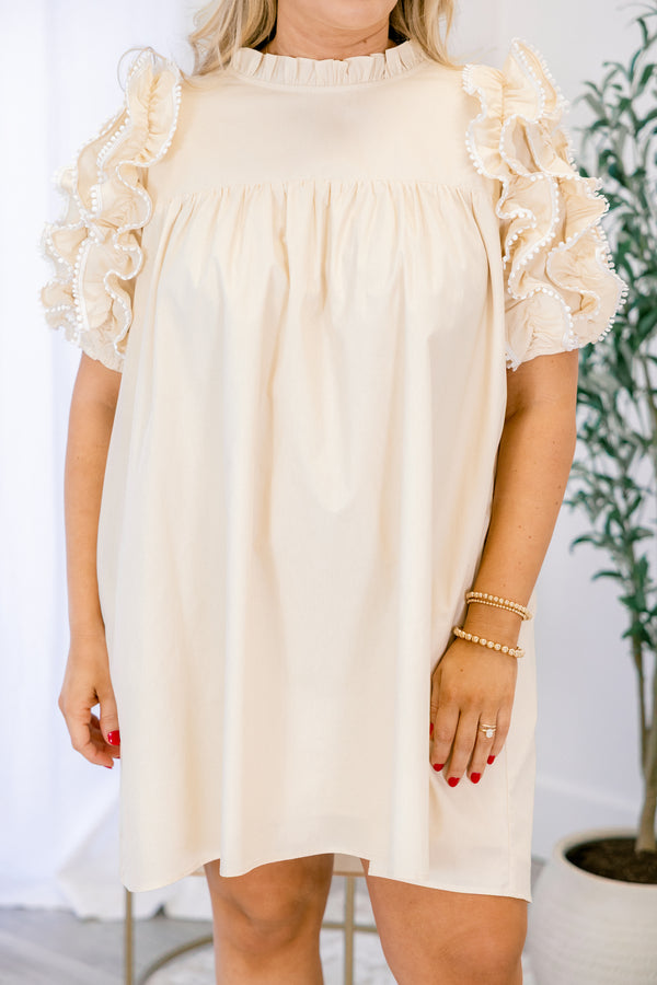 Chic Soul plus size clothing, cream colored short dress with ruffle sleeves and white polka dot piping