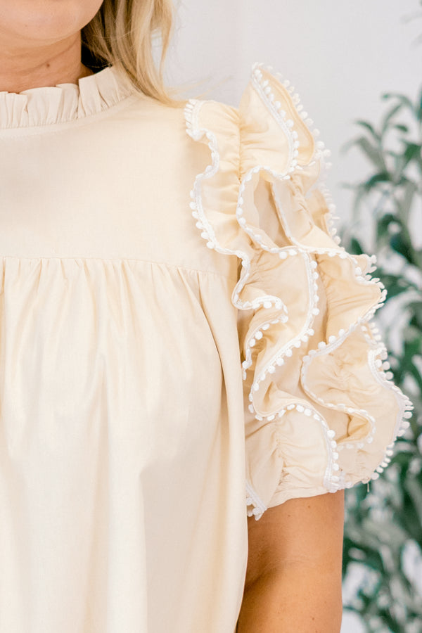 Chic Soul plus size clothing, cream colored short dress with ruffle sleeves and white polka dot piping