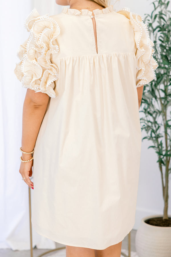 Chic Soul plus size clothing, cream colored short dress with ruffle sleeves and white polka dot piping