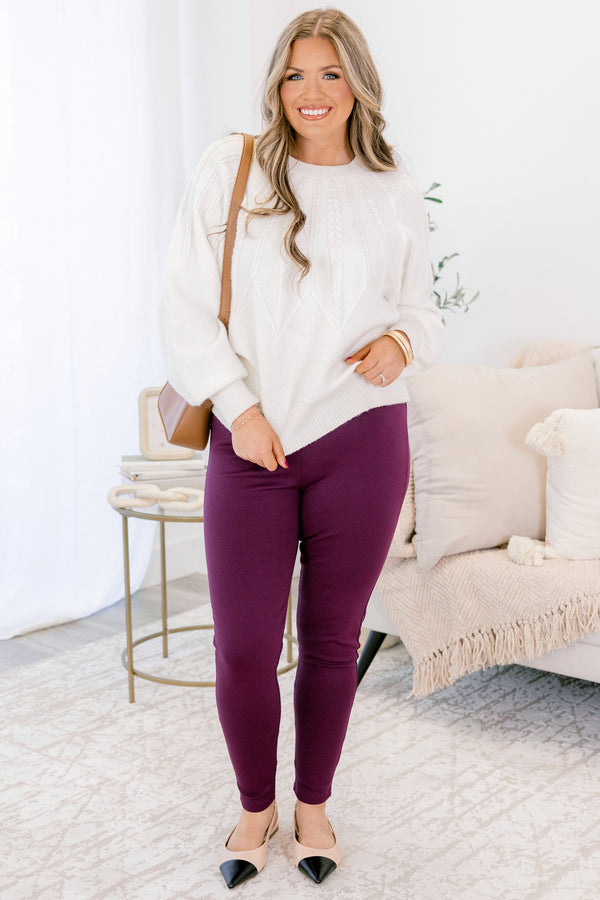 Chic Soul plus size clothing, eggplant purple skinny leg pants with stretchy waistband