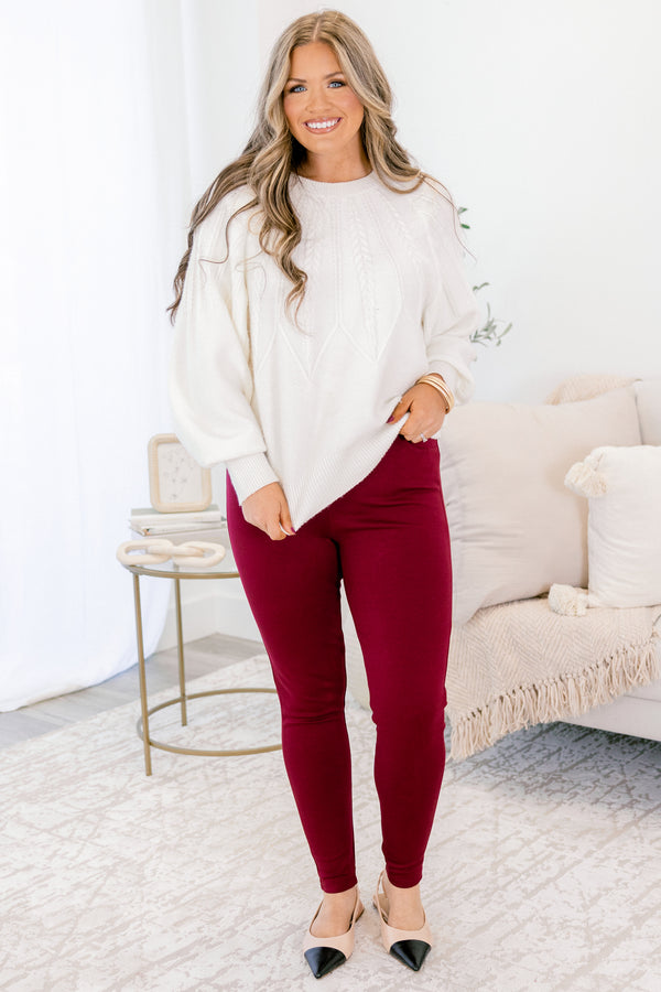 Chic Soul plus size clothing, merlot red skinny leg pants with stretchy waistband