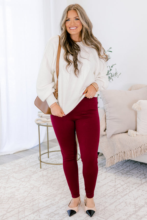 Chic Soul plus size clothing, merlot red skinny leg pants with stretchy waistband