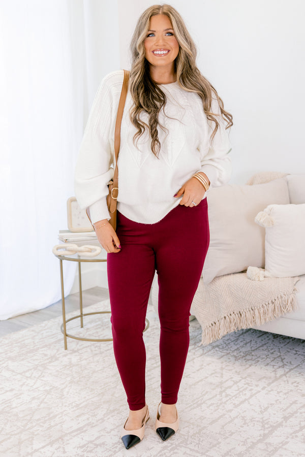 Chic Soul plus size clothing, merlot red skinny leg pants with stretchy waistband